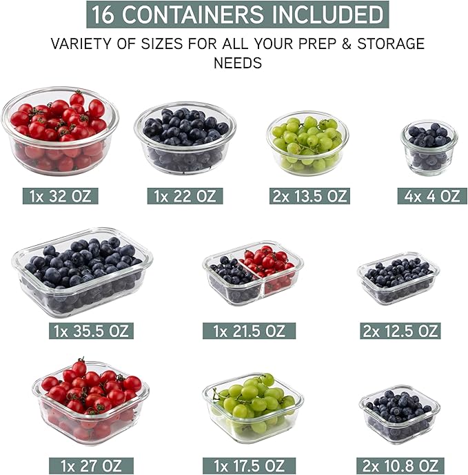 COOK WITH COLOR Premium 32-Pc. Borosilicate Glass Food Container Set with Dividers - 4 Rectangles, 8 Rounds, 4 Squares - Leakproof Lids - Meal Prep, Storage, Ombre Green