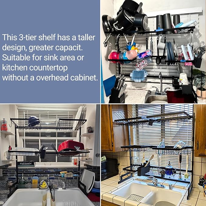 ADBIU Over The Sink Dish Drying Rack (Expandable Height and Length) Snap-On Design 2 Tier Large Dish Rack (27-40L x 12W x 32.5-37H (inches))