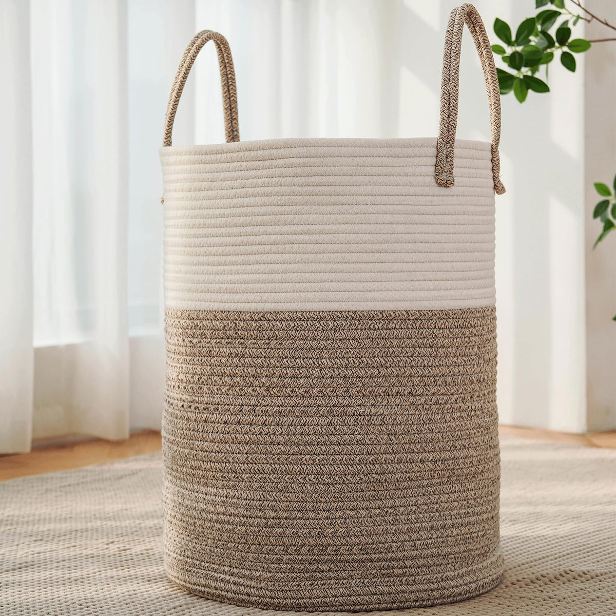 Large Woven Laundry Basket Hamper,60L Cotton Rope Storage Bin for Blankets,Toys and Clothes,Decorative Tall Nursery Hamper for Living Room,Baby Nursery,Bathroom and Bedroom,Brown