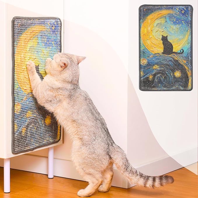 Sisal Cat Scratcher Post Mat (Use on Wall, Couch and Carpet), Durable and Shedding-Resistant Cat Scratching Surface - 21.7x13 inch with Hoop and Loop Adhesives, Twist Pins (Starry Night)