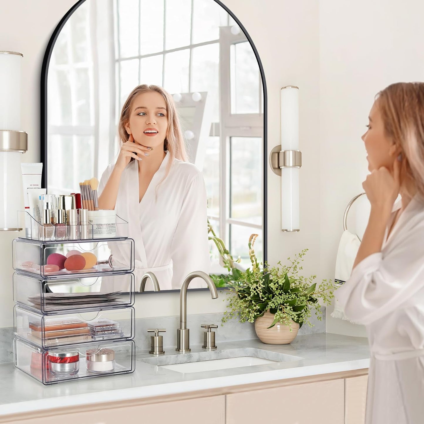 Vtopmart 5 Tier Clear Makeup Organizer with Drawer, Cosmetic Storage for Dresser Countertop and Bathroom Vanity, Beauty Holder for Lipstick Brush Skincare