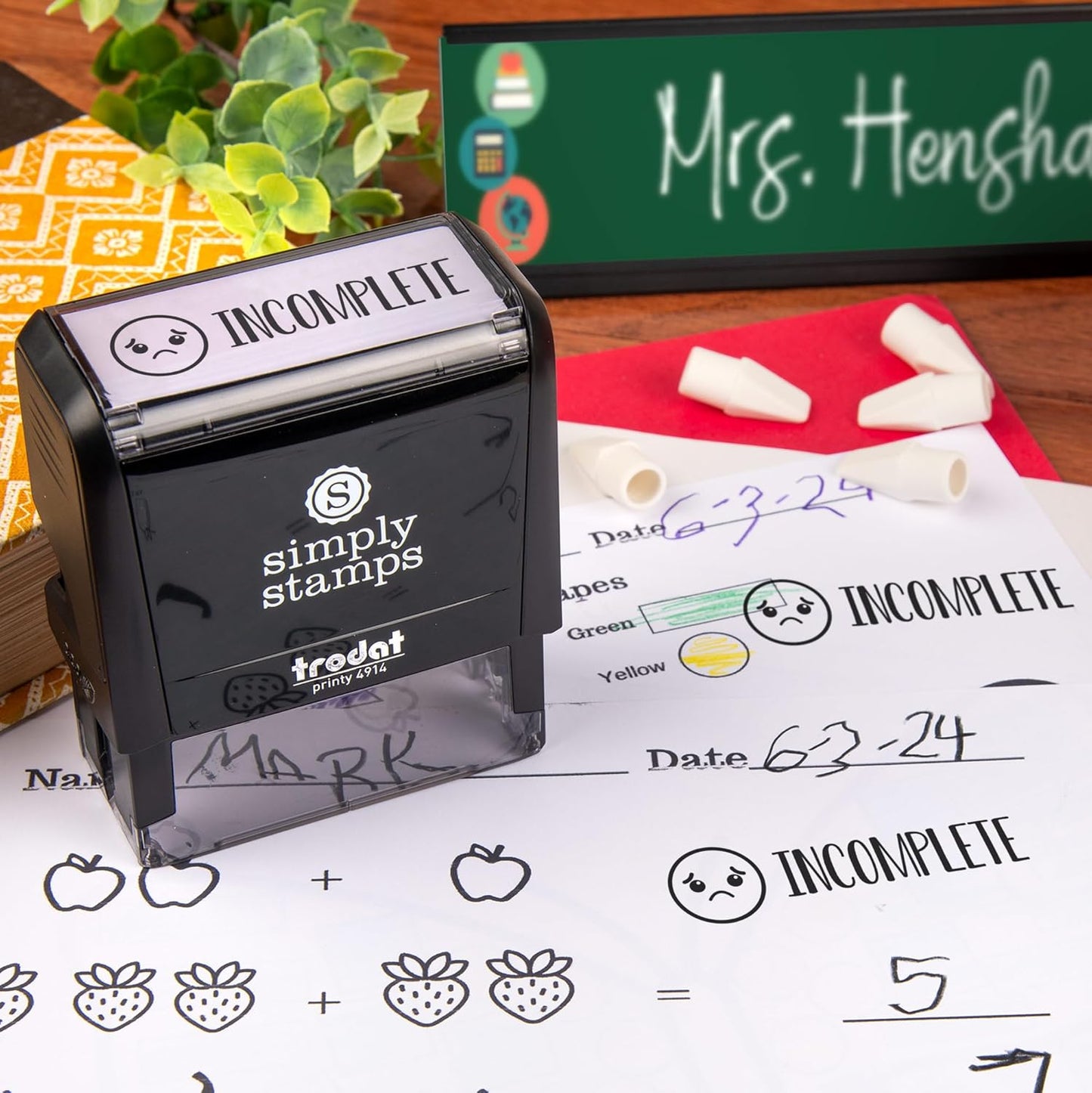 Custom Self-Inking Teacher Stamps | 49 Designs | Fun Teacher Phrases | Grading Made Easy | Classroom, Teacher and Library Book Stamps (Incomplete, Xtra Wide)