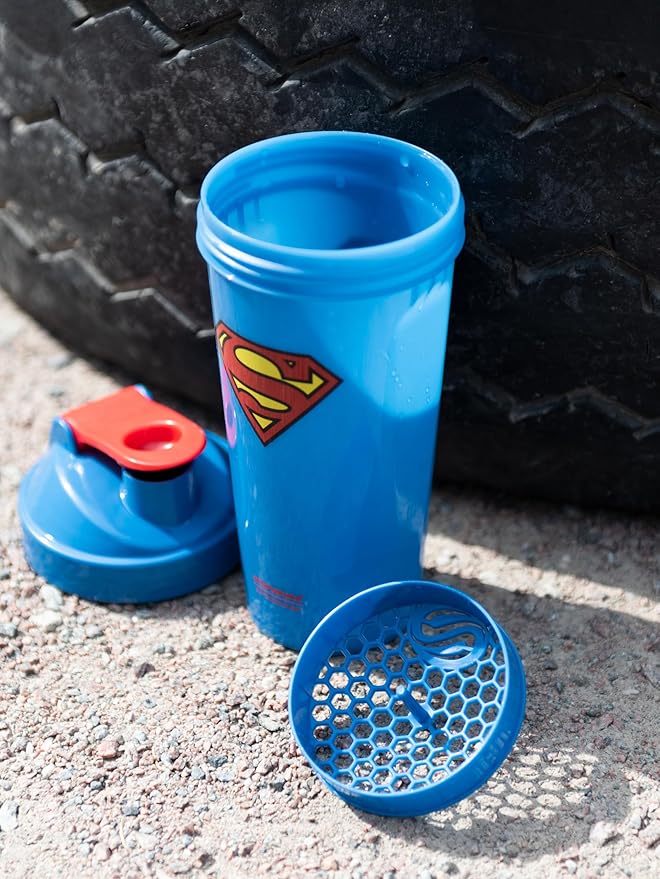 SmartShake Lite Justice League Superman Protein Shaker Bottle 800ml – BPA Free Leakproof Gym Protein Shakes Bottle for Protein Powder DC Comics Blue Water Bottle Superman Gifts