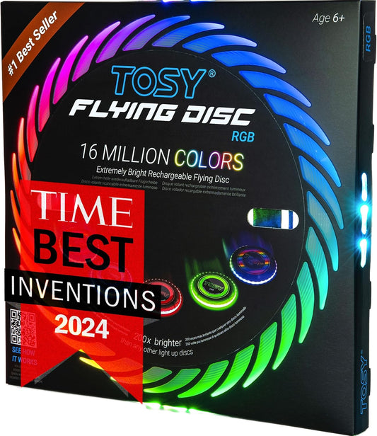 TOSY Flying Disc - 108 RGB Multicolor or 36 Monocolor LEDs, Super Bright, Smart Modes, Christmas Stocking Stuffers Gift, Camping Toy for Kid/Teen/Adult, Auto Light Up, Rechargeable, Waterproof, 175g