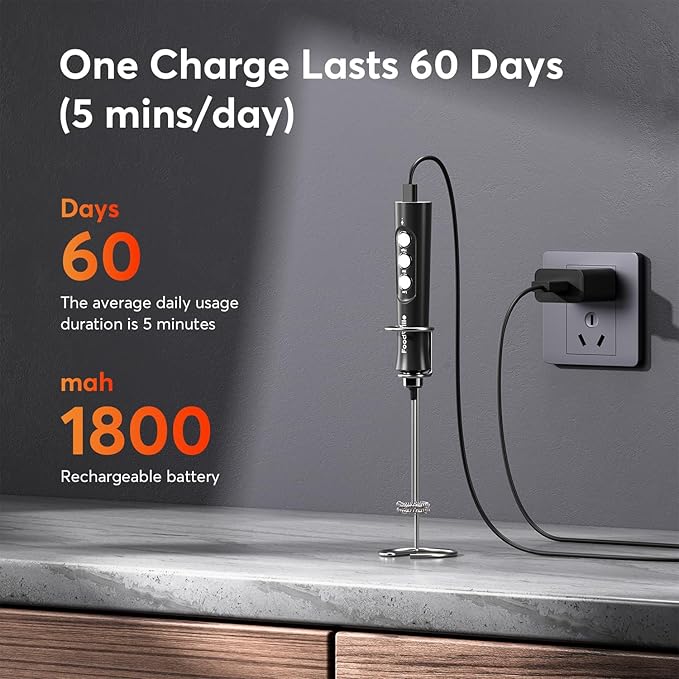 FoodVille MF02 Rechargeable Milk Frother Handheld Foam Maker with Stainless Whisk for Cappuccino, Latte, Bulletproof Coffee, Keto Diet, Protein Powder, Matcha (Dark Black)