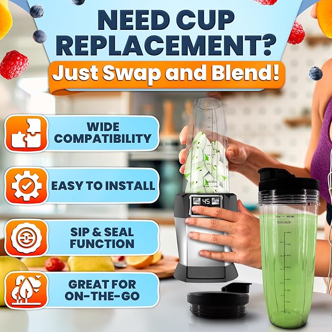 32 Oz Replacement Cups for Ninja Blender – 2 Pcs Compatible with Models BL480/BL450/480D, BN800/751/800/801/401, Auto IQ Series NN100/101/102, BL910 | SS101/151/401 – Blender Cups with Twist-On Design
