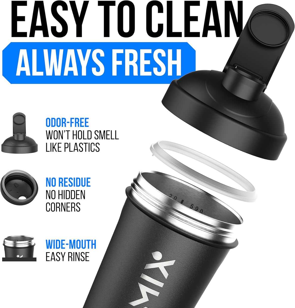 VELOMIX 24 oz Stainless Steel Shaker Bottle with Wire Whisk - Leakproof, No Clumps, Odor Resistant Metal Shaker Bottle, Insulated Shaker Cups for Protein Shakes, Pre Workout and Smoothie (Black)