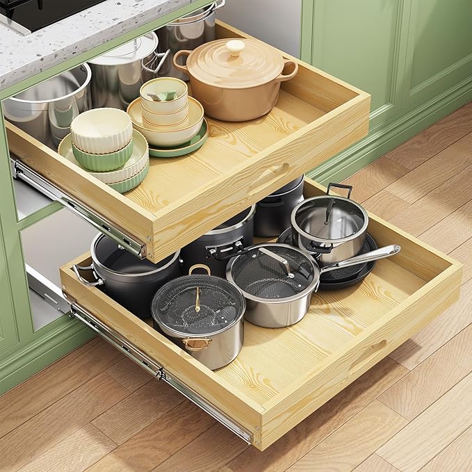 Pull Out Cabinet Organizer, Soft Close Wooden Slide Out Drawers for Pots and Pans, Full-extension Roll Out Shelves for Kitchen Cabinets, Pantry Organization, Bottom & Side Mount(21"W X 21"D x 3.4''H)
