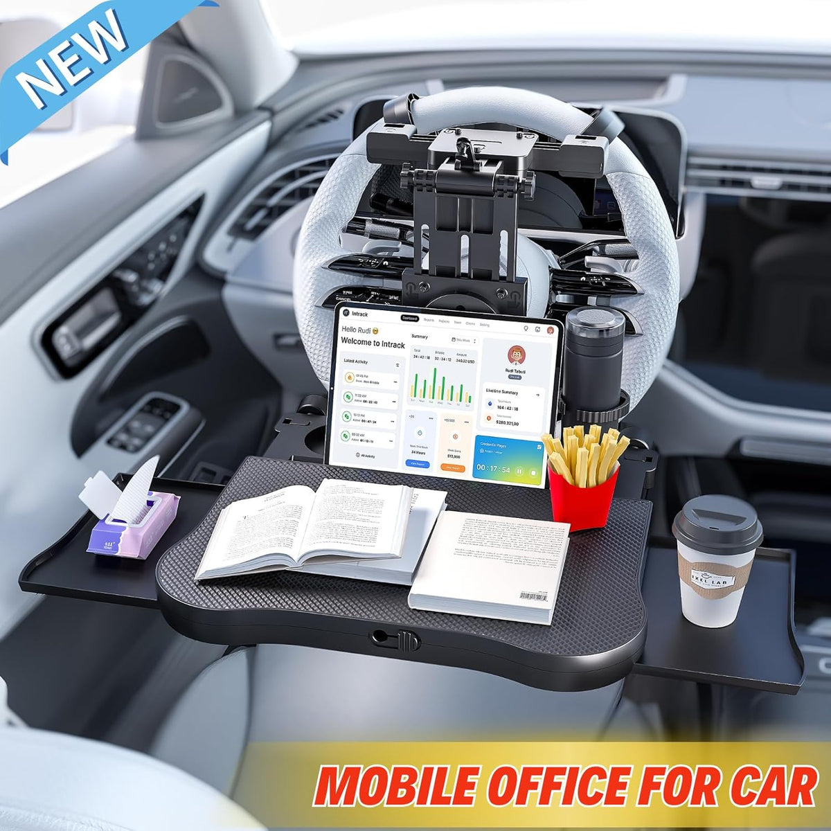 Large Car Desk for Laptop | Steering Wheel Tray Table | Foldable Back Headrest Seat Eating Food Trays with Drinks Cupholder Phone Tablet Holder for Kids | Car Travel Essentials for Long Trips