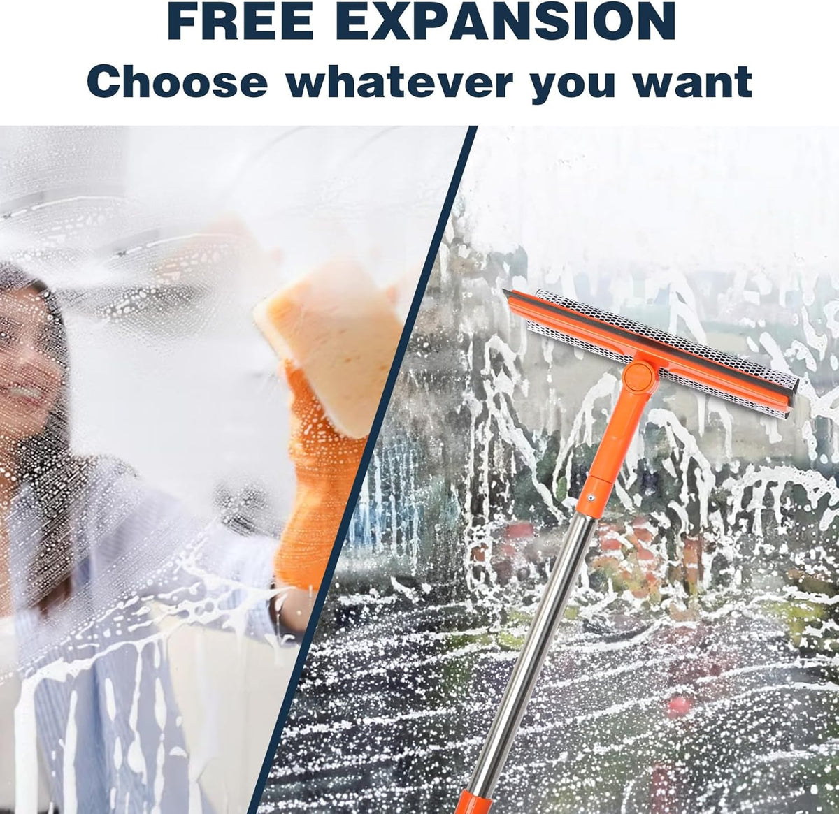 Professional Window Squeegee,2 in 1 Squeegee Window Cleaner with Long Stainless Steel Handle,Sponge Car Window Squeegee for Gas Station, Glass,Shower (Sponge Style)