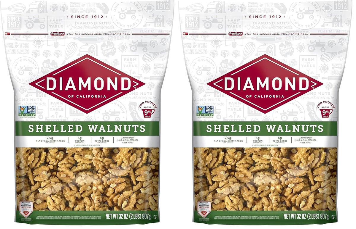 Diamond of California Shelled Walnut Halves and Pieces, Pre-Shelled Raw Walnuts for Baking, Snacking and Salads, 32 oz.