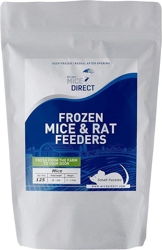 MiceDirect EST. 2003 125 Frozen Mice Small Fuzzie Feeders Snake Food for Juvenile Hognose Corn Milk (.5-1 in) (375 Grams Min)