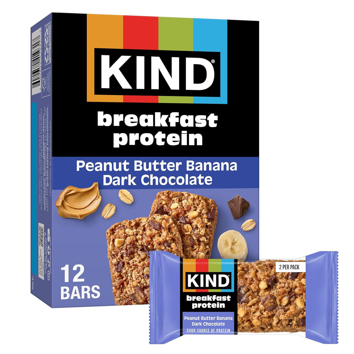KIND Breakfast Protein Bars, Peanut Butter Banana Dark Chocolate, Gluten Free, Low Sodium, Healthy Snacks, 8g Protein, 6 Count (6 Packs of 2 Bars)