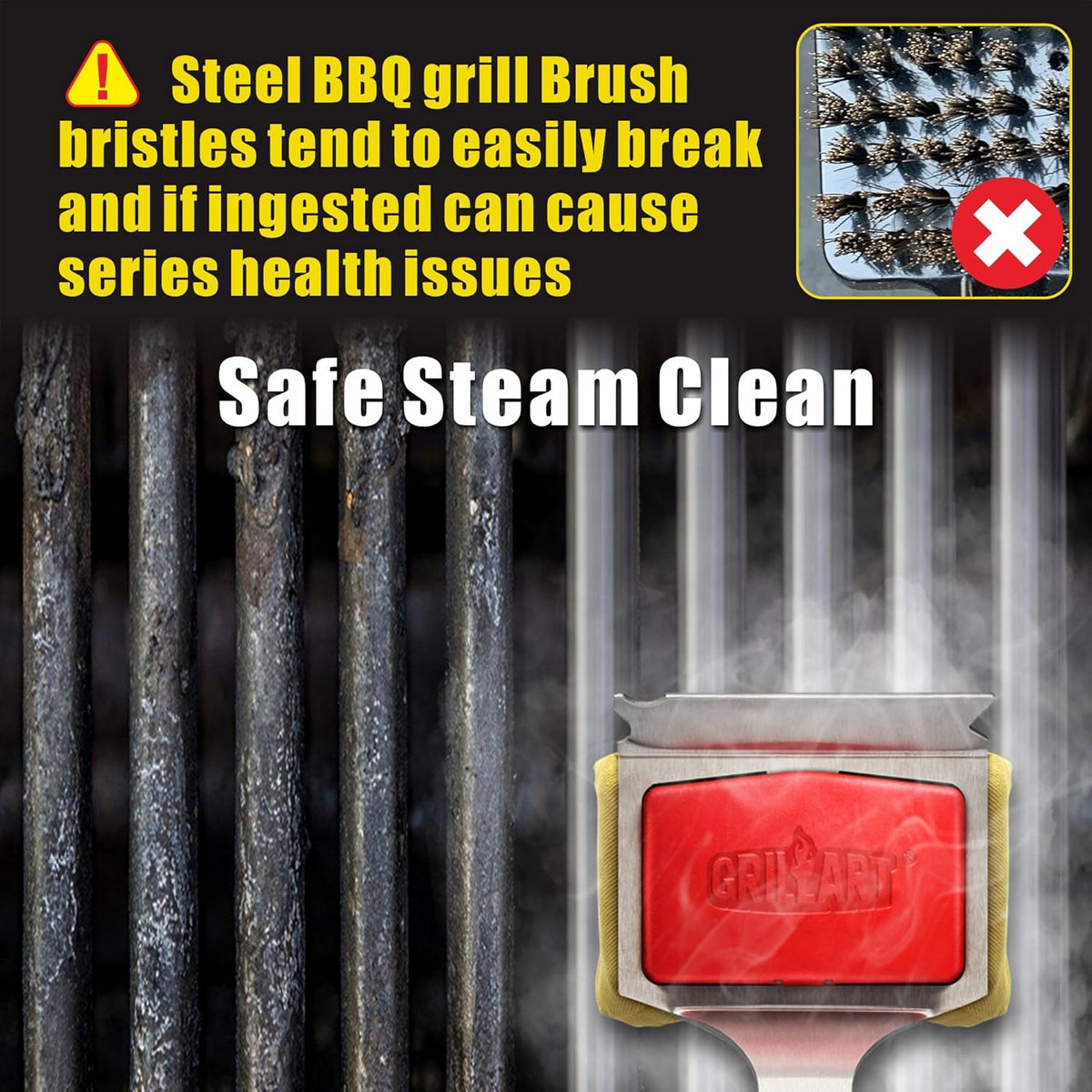 GRILLART Grill Brush Bristle Free. SteamWizards BBQ Replaceable Cleaning Head, Unique Seamless-Fit Scraper Tool for Cast Iron/Stainless-Steel Grates, Safe Barbecue Grill Cleaner-Red