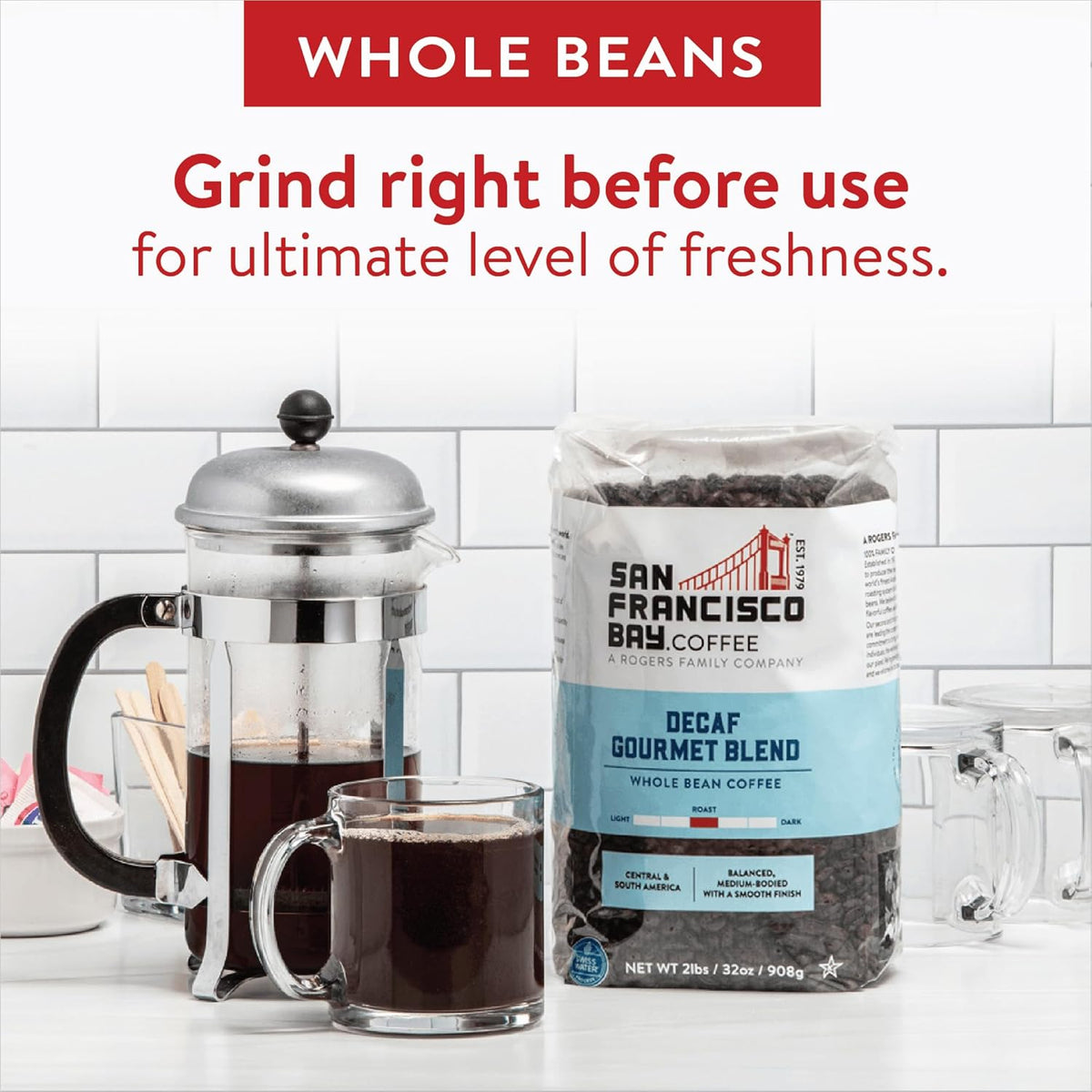San Francisco Bay Coffee - Decaf Medium-Dark Roast Whole Bean Coffee - Decaf Gourmet Blend (2 lb bag) - Swiss Water Processed