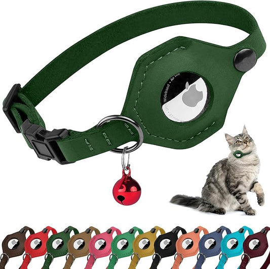 Breakaway Airtag Cat Collar with Removable Bell - Leather Pet Collar with Apple Air Tag Holder - Adjustable GPS Collars for Girl Boy Cats Kitten Puppy - Lightweight, Cute and Comfortable (Emerald)