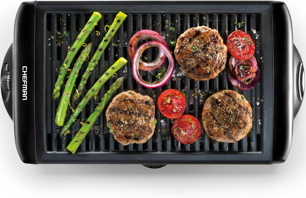 Chefman Electric Smokeless Indoor Grill w/ Non-Stick Cooking Surface & Adjustable Temperature Knob from Warm to Sear for Customized BBQing, Dishwasher Safe Removable Water Tray, Black