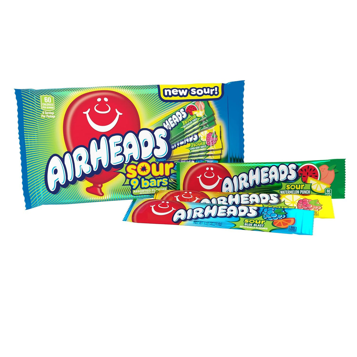 Airheads SOUR Candy Bars, Sour Watermelon Punch, Blue Blast, Lemon Berry Squeeze, 9 Bar Movie Theater Box