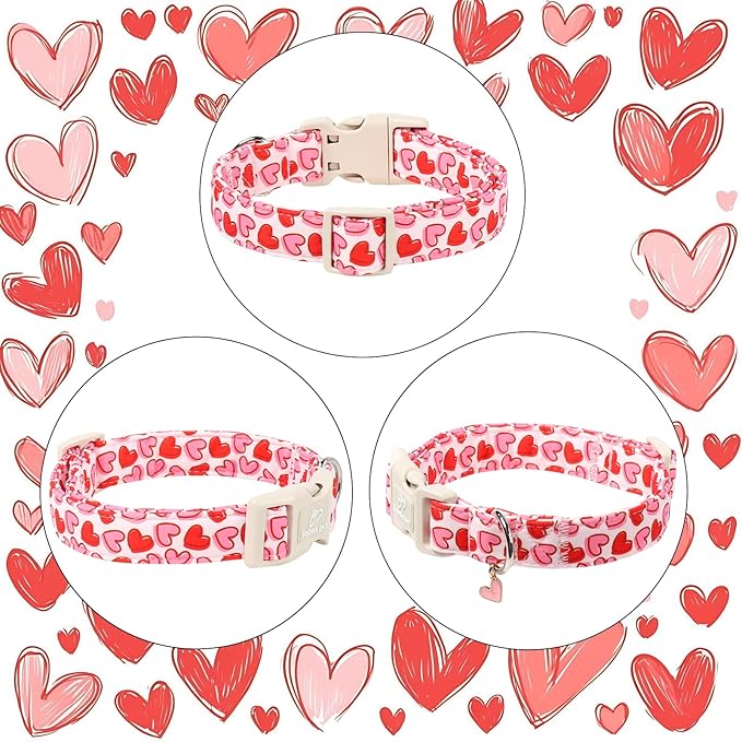 Valentines Dog Collar for Small Dogs - Pink Valentine Hearts Dog Collars, Girly Love Female Dogs Collars, Lightweight Adjustable Cute Puppy Collar with Quick-Release Buckle S