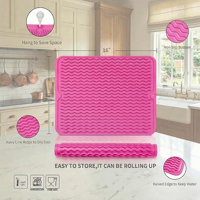 MicoYang Silicone Dish Drying Mat - Quick-Dry Raised Ridges, Dishwasher Safe, Heat Resistant 450°F, Roll-Up (Rose, 16x12 in)