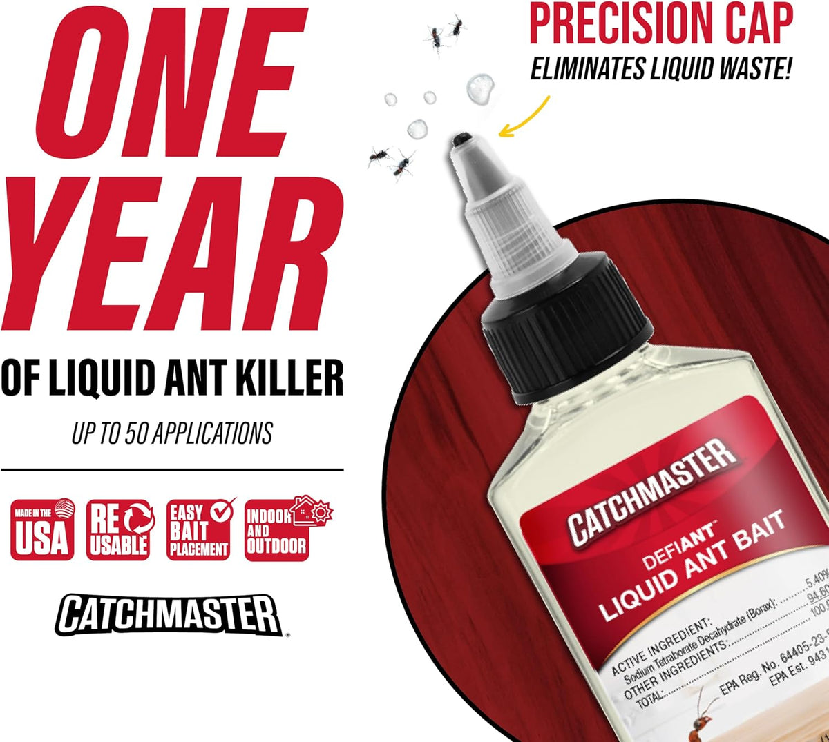 Catchmaster DEFIANT Premium Liquid Ant Killer, 1-Year Supply, Kills the Queen and Colony, No Mess Precision Bottle, Reusable Ant Traps Indoor & Outdoor, Pest Control Traps, Made in USA