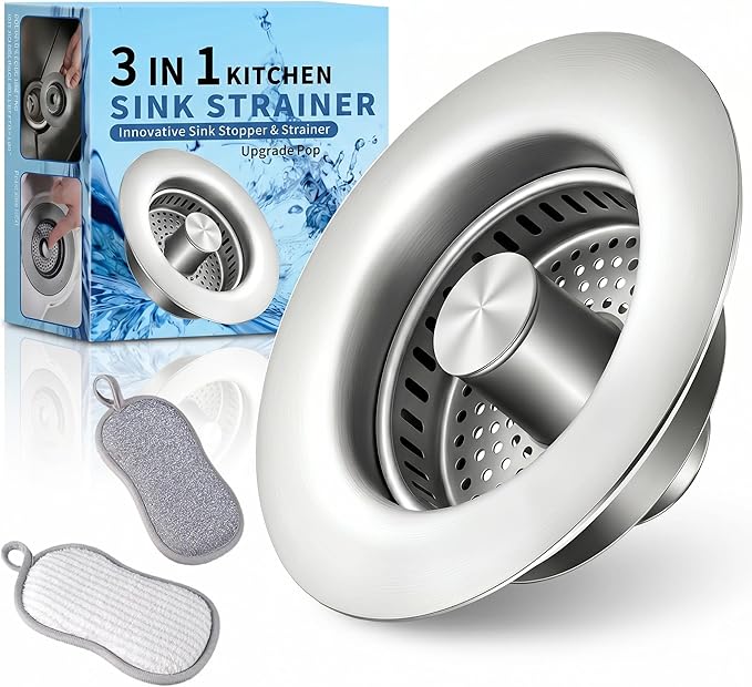 3-in-1 Kitchen Sink Drain Strainer and All-Purpose Scrub Sponges, Sink Stopper Pop-Up Drain Plug with Anti-Clogging Food Catcher Basket, Fits US Standard 3-1/2 Inch Sinks,Sponge Cleaning Dish