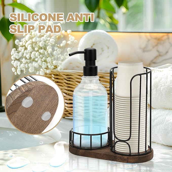 Country-Style Bathroom Cup Holder with 17 oz Reusable Mouthwash Dispenser, 2-Compartment 3oz Disposable Mouthwash Cup Storage Rack, Iron Bathroom Accessories