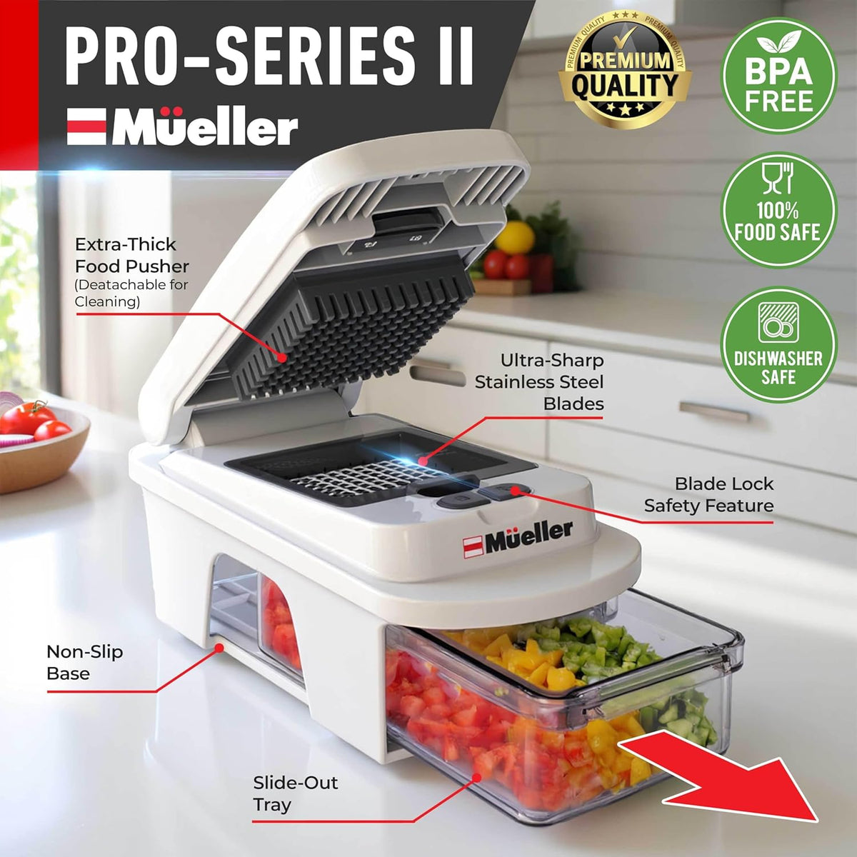 Mueller Pro-Series All-in-One, 12 Blade Mandoline Slicer for Kitchen, Food Chopper, Vegetable Slicer and Spiralizer, Cutter, Dicer, Grater, Kitchen Gadgets Sets with Container, White Sand/Gray