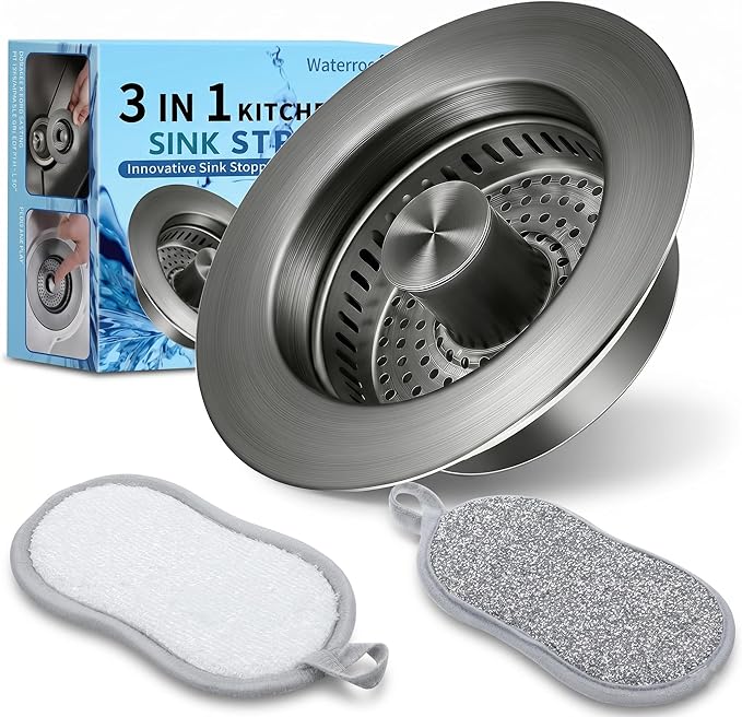 3-in-1 Kitchen Sink Drain Strainer and All-Purpose Scrub Sponges, Sink Stopper Pop-Up Drain Plug with Anti-Clogging Food Catcher Basket, Fits US Standard 3-1/2 Inch Sinks,Sponge Cleaning Dish