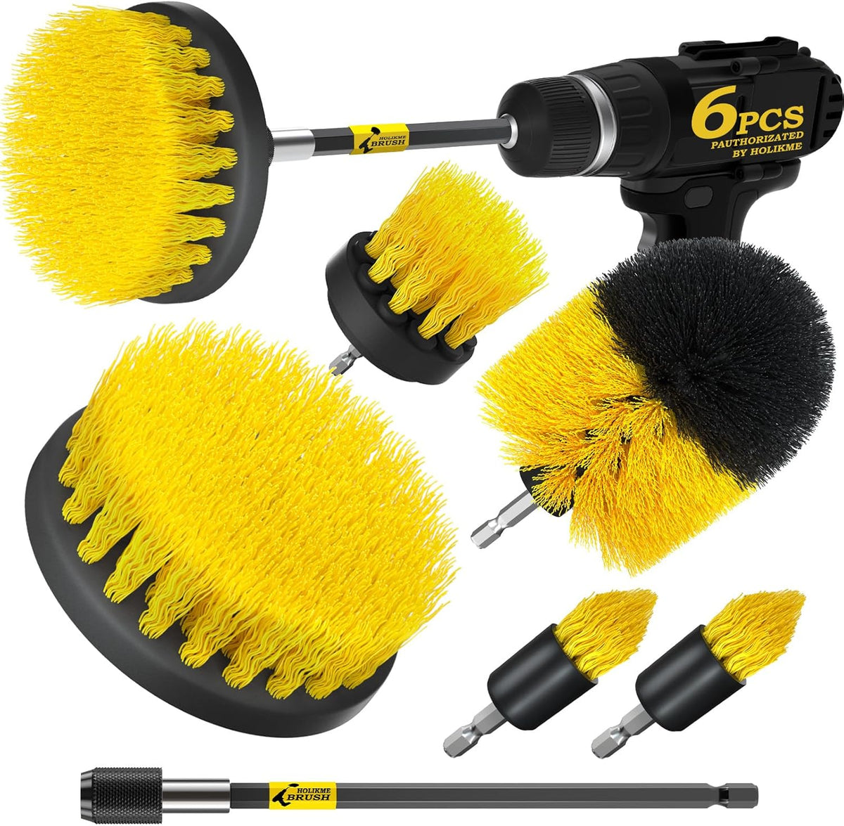 Holikme 6Pack Drill Brush Power Scrubber Cleaning Brush Extended Long Attachment Set All Purpose Drill Scrub Brushes Kit for Grout, Floor, Tub, Bathroom and Kitchen Surface,Scratch Brushes（Yellow）