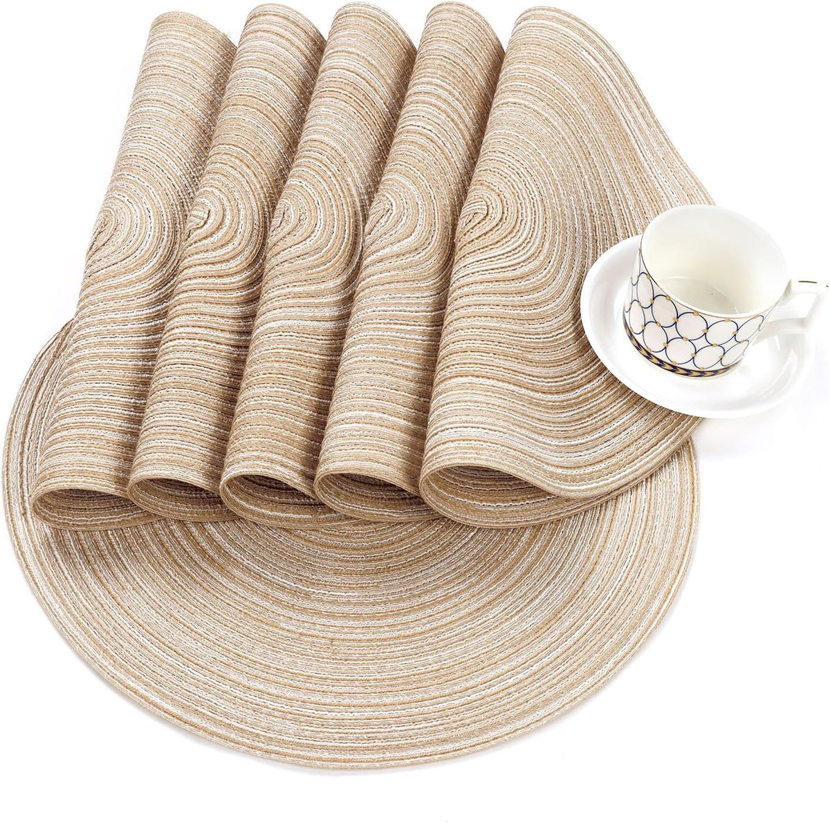 SHACOS 15 inch Round Braided Placemats Set of 6 Cotton Polyester Place Mats Non Slip Heat Resistant Washable Table Mats for Kitchen Dining Party Table Decor (Beige, 6)