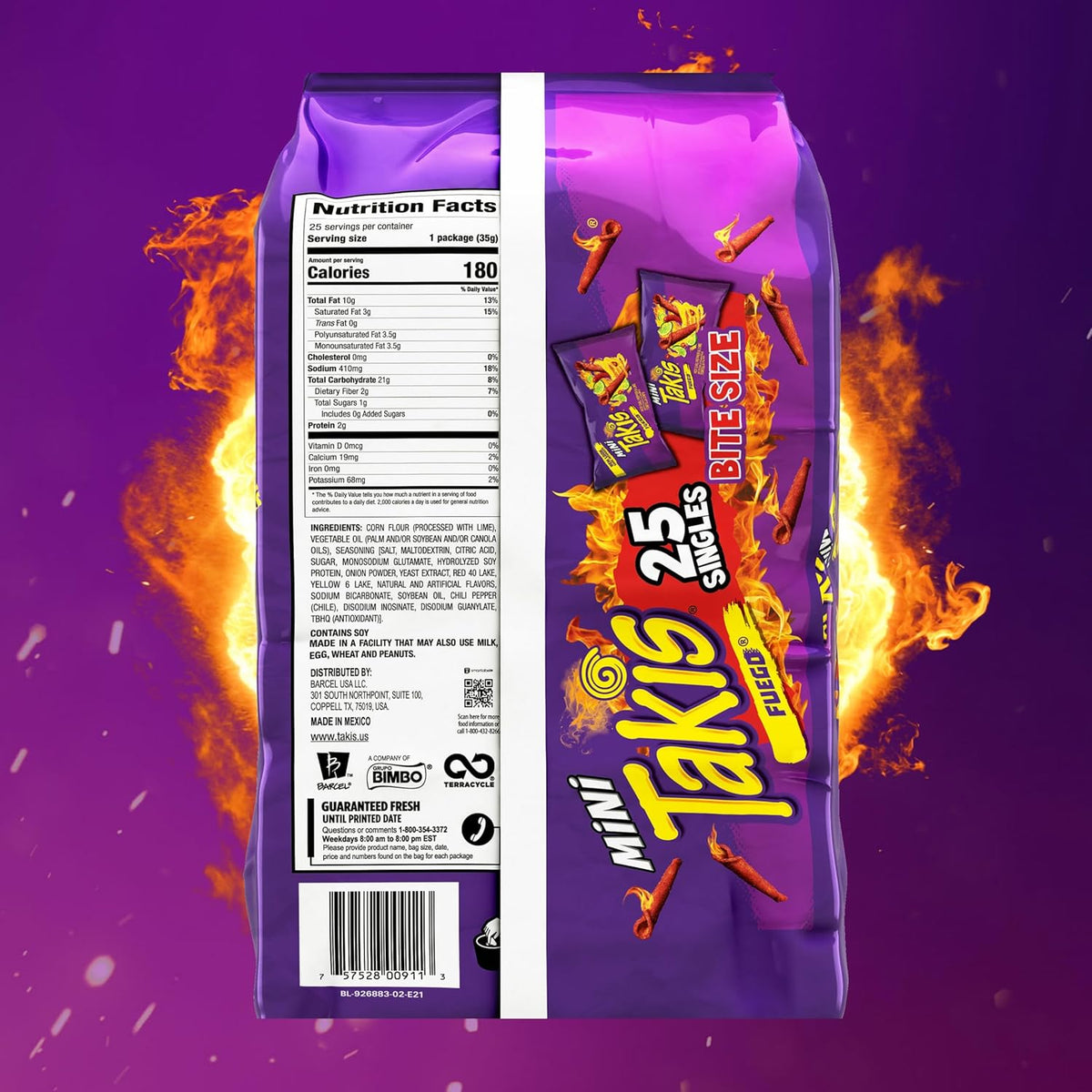 Takis Fuego Mini 25 pc / 1.23 oz Bite Size Multipack, Hot Chili Pepper & Lime Flavored Extreme Spicy Rolled Tortilla Chips