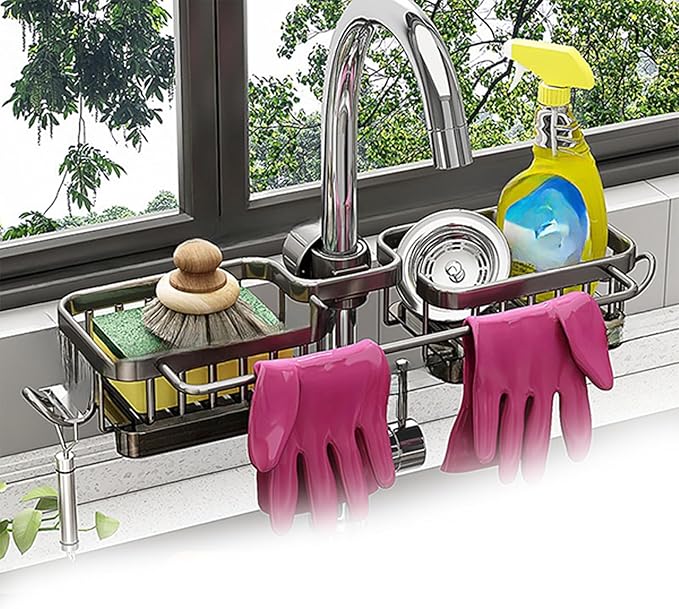 Kitchen Sink Faucet Organizer, Kitchen Sink Organizer Over Faucet, Over Sink Dish Drying Rack, Sponge Holder for Kitchen Sink, for 0.7-1.1 inch Round Water Pipe (Grey, Integrated Type)