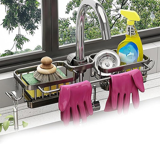 Kitchen Sink Faucet Organizer, Kitchen Sink Organizer Over Faucet, Over Sink Dish Drying Rack, Sponge Holder for Kitchen Sink, for 0.7-1.1 inch Round Water Pipe (Grey, Integrated Type)