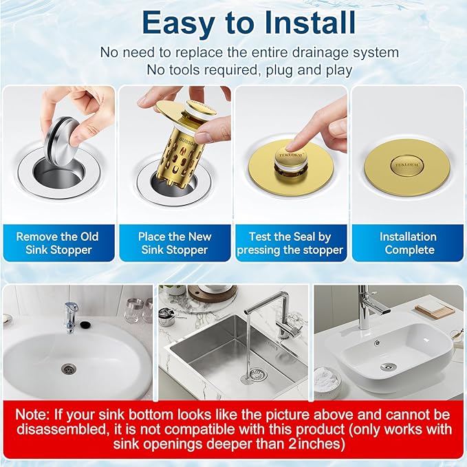 Bathroom Sink Drain Strainer,All Metal Pop-Up Sink Stopper with Removable Stainless Steel Filter Basket, Universal Bathroom Hair Catcher Fit for 1.1-2.36'' Drain (Gold, 1 Pack)