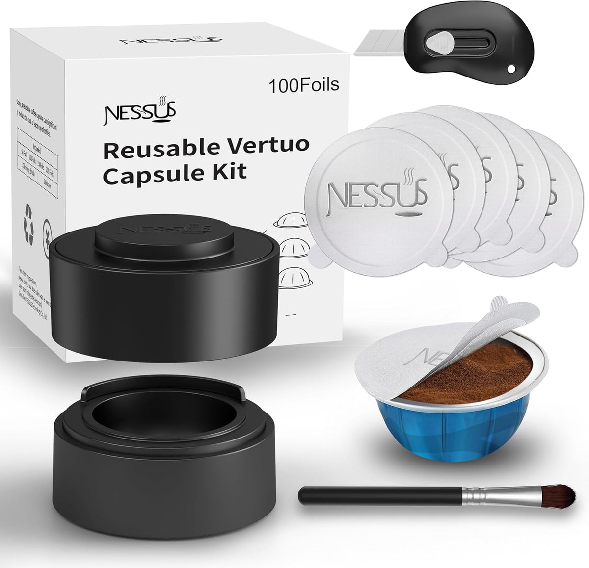 Nessus Reusable Kit for Nespresso Pods Vertuo, Reuse Old Coffee Pods for Nespresso Vertuo: 100 Pcs Aluminum Foil Seal Lid, Holder, Brush, Refillable Vertuo Plus Next Capsule Machine(No Pods Come)