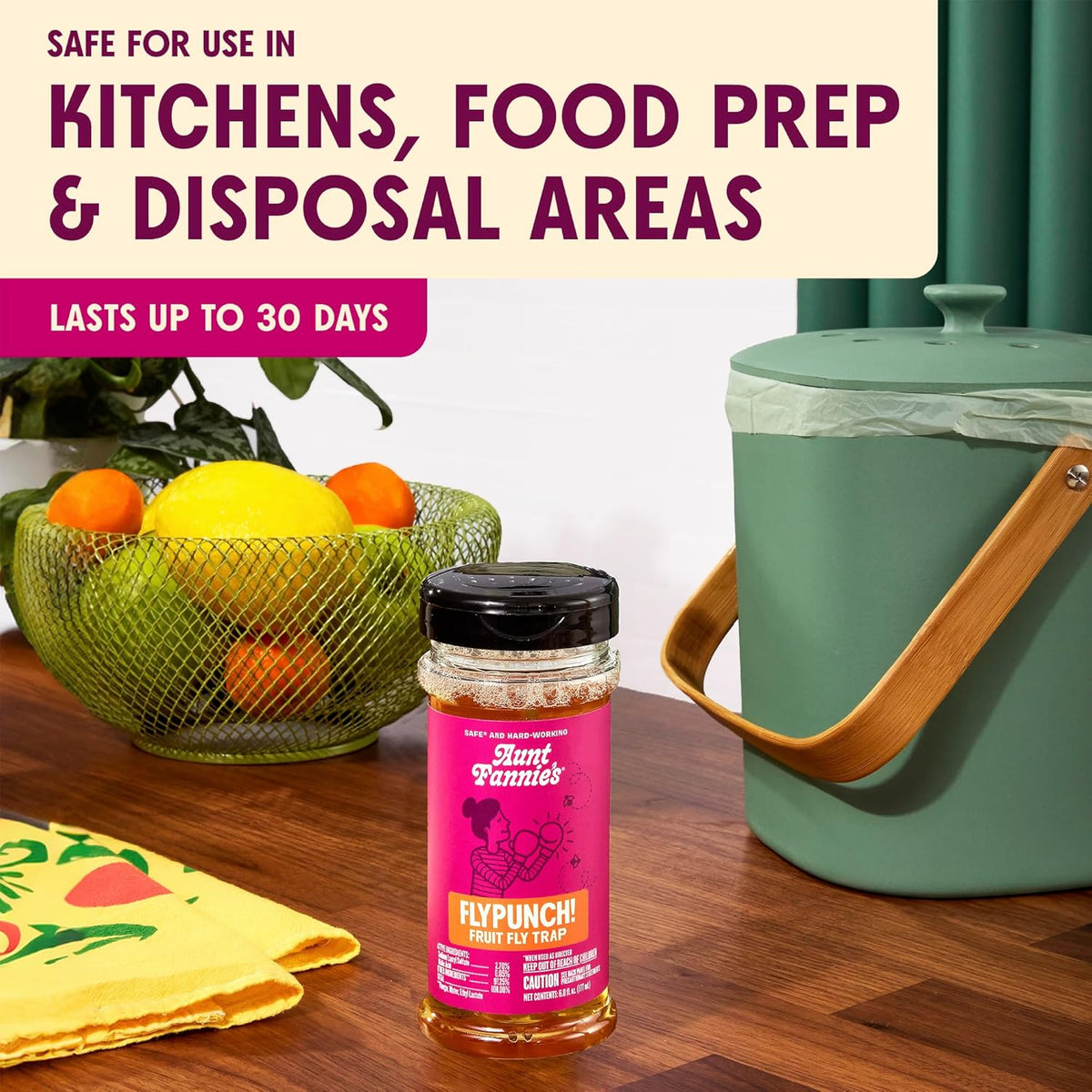 Aunt Fannie's FlyPunch Fruit Fly Trap for Indoor and Kitchen Use, Ready to Use, Made with Plant Based Ingredients, Safe Near Food, Each Bottle Lasts Up to 30 Days, Pack of 2