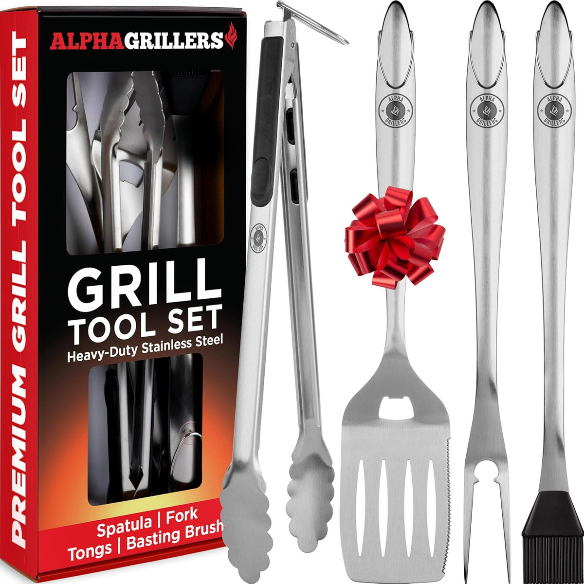 Alpha Grillers Grilling Accessories - Grilling Gifts for Men - BBQ Accessories Grill Tools Set with Spatula, Fork, Brush & Tongs - Outdoor Barbecue Utensils Gifts for Men Dad Him Boyfriend