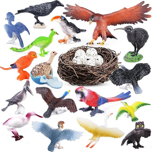 SIENON 23Pcs Birds Toys Playset, Assorted Wildlife Bird Figures with Nest, Raven, Kiwi, Ostrich, Macaw, Golden Eagle for Kids Educational Birthday Cake Décor Garden Accessories School Project