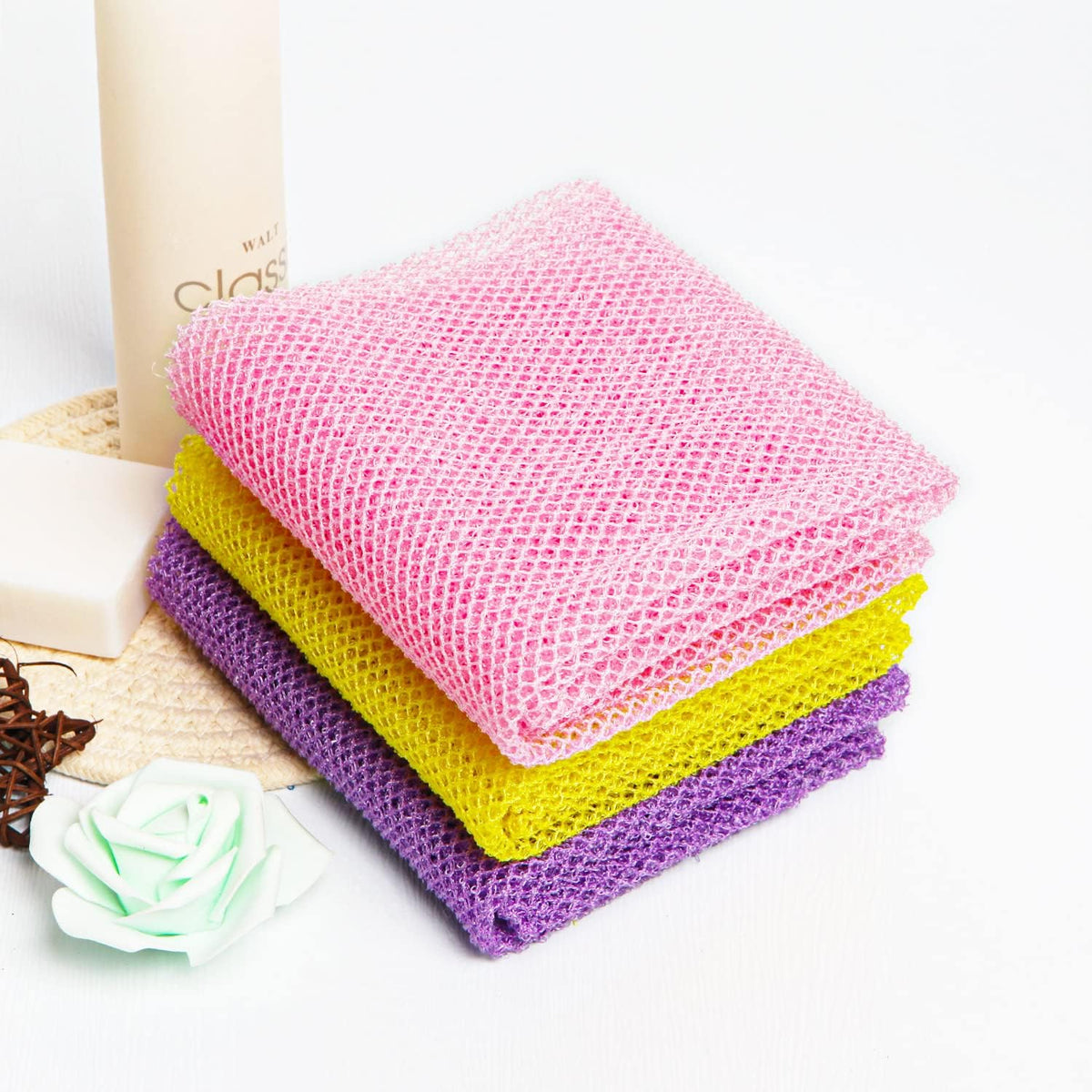 3 Pieces African Net Bath Sponge African Exfoliating African Scrubbing Long Net Rag African Wash Net Shower Body Scrubber, Yellow Pink Purple