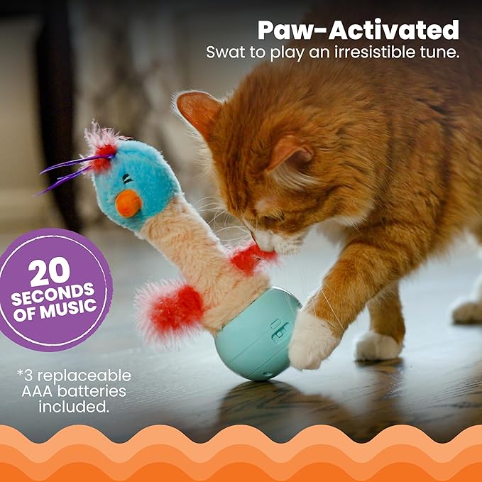 Catstages Electronic Dancing Ostrich Interactive Cat Toy, Wobbles and Plays Music, Battery Powered, Plush, Blue