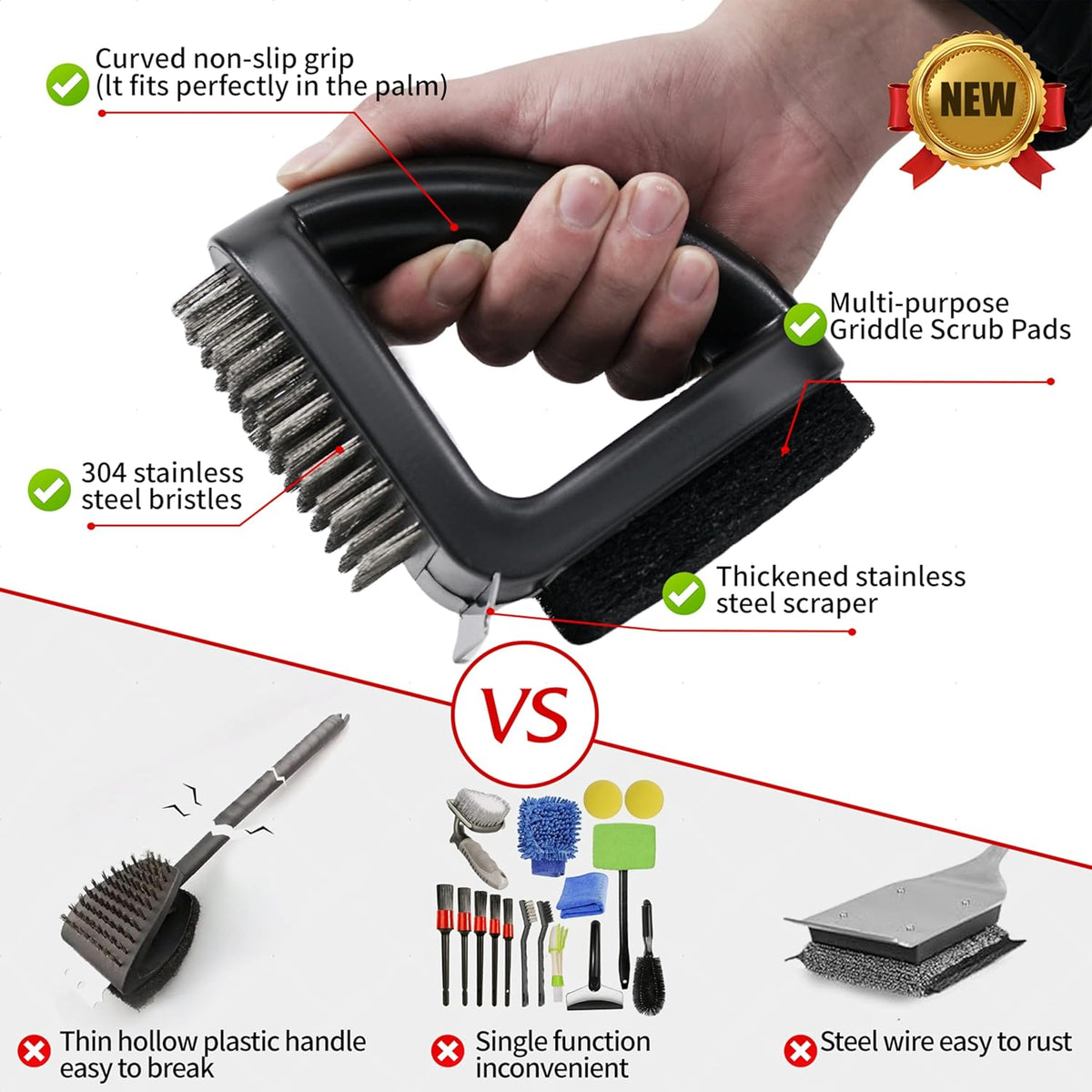 RELHP 4-in-1 Grill Brush [Bristle-Free Sponge Pad & Wire] Combined BBQ Brush,Ultra Safe & Heavy-Duty Grill Cleaner for Outdoor Grill Grill Brush and Scraper Grill Accessories Gifts for Men/Dad