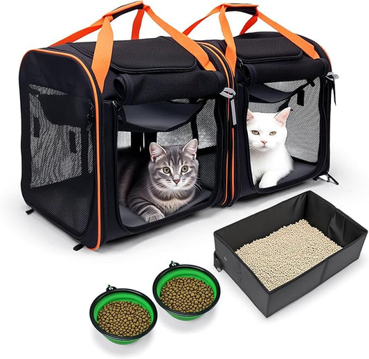 Large Cat Carrier 2-in-1 with Litter Box & Bowl, Portable Cat Carrier Hard for 2 Cats, Double Cat Travel Carrier with Safety Locking Zippers, Ideal for Long Distance Trips, Outdoor Adventures