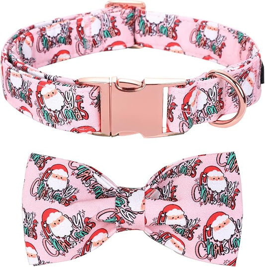 Christmas Dog Collar, Pink Christmas Santa Claus Dog Collar Bow Tie Pet Collars with Bow Adjustable Pet Collars with Premium Metal Buckle Dogs Necklace for Medium Girl Dogs