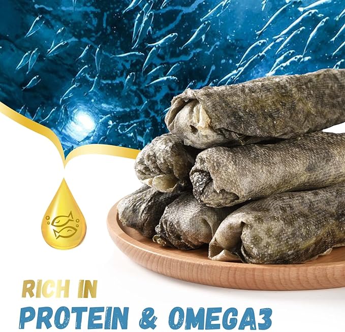 Dog Treats Natural Cod Skin Rolls, Rawhide-Free Chewy Fish Skin Dog Chews, One-Ingredient Healthy Training Treats Rich in Omega3 & Protein, 10.6 oz