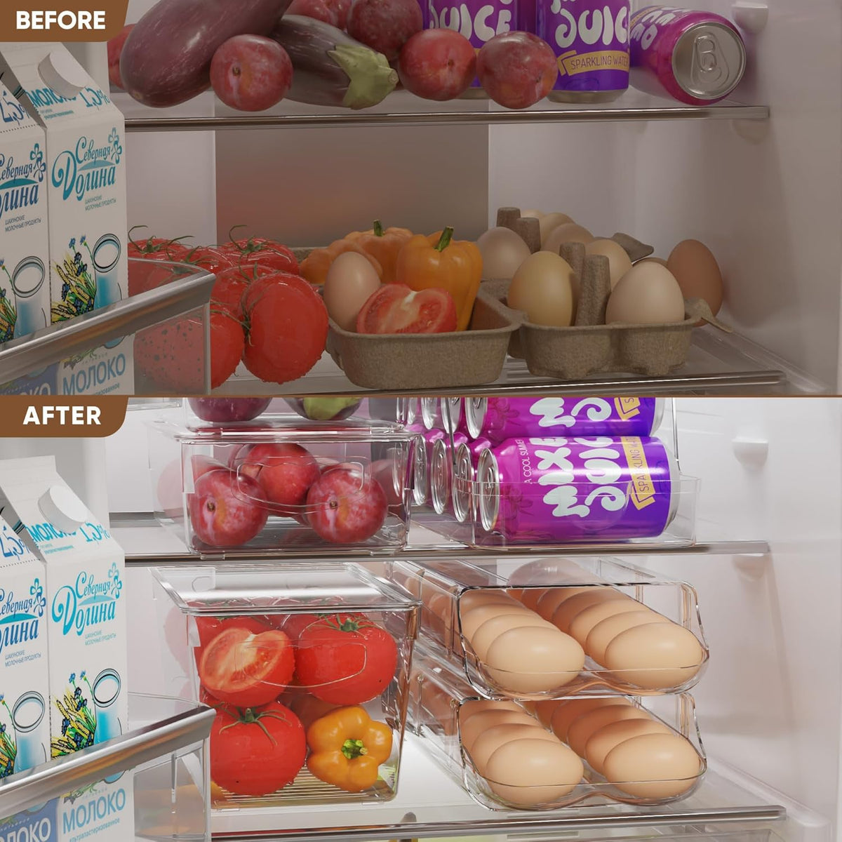 theaoo Egg Holder for Fridge, Automatic Rolling Egg Container for Refrigerator, Clear Plastic Egg Dispenser, Stackable Eggs Organizer with Quick Removable inner Tray For Organizers and Storage, 2 Pack