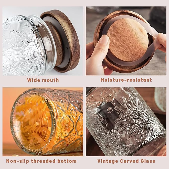 Vintage Glass Jars with Wooden Lids, 2 Pack 34 oz Airtight Glass Food Storage Containers Sets for the Kitchen, Sugar Coffee Candy Spice Cookie Tea Pasta