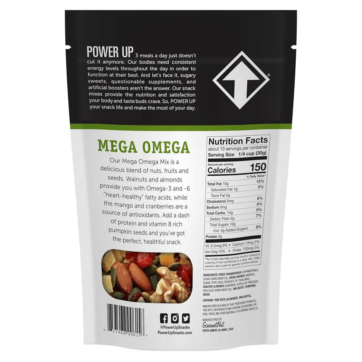 Power Up Trail Mix, Mega Omega Trail Mix, Non-GMO, Vegan, Gluten Free, No Artificial Ingredients, Gourmet Nut, 14 Ounce Bag