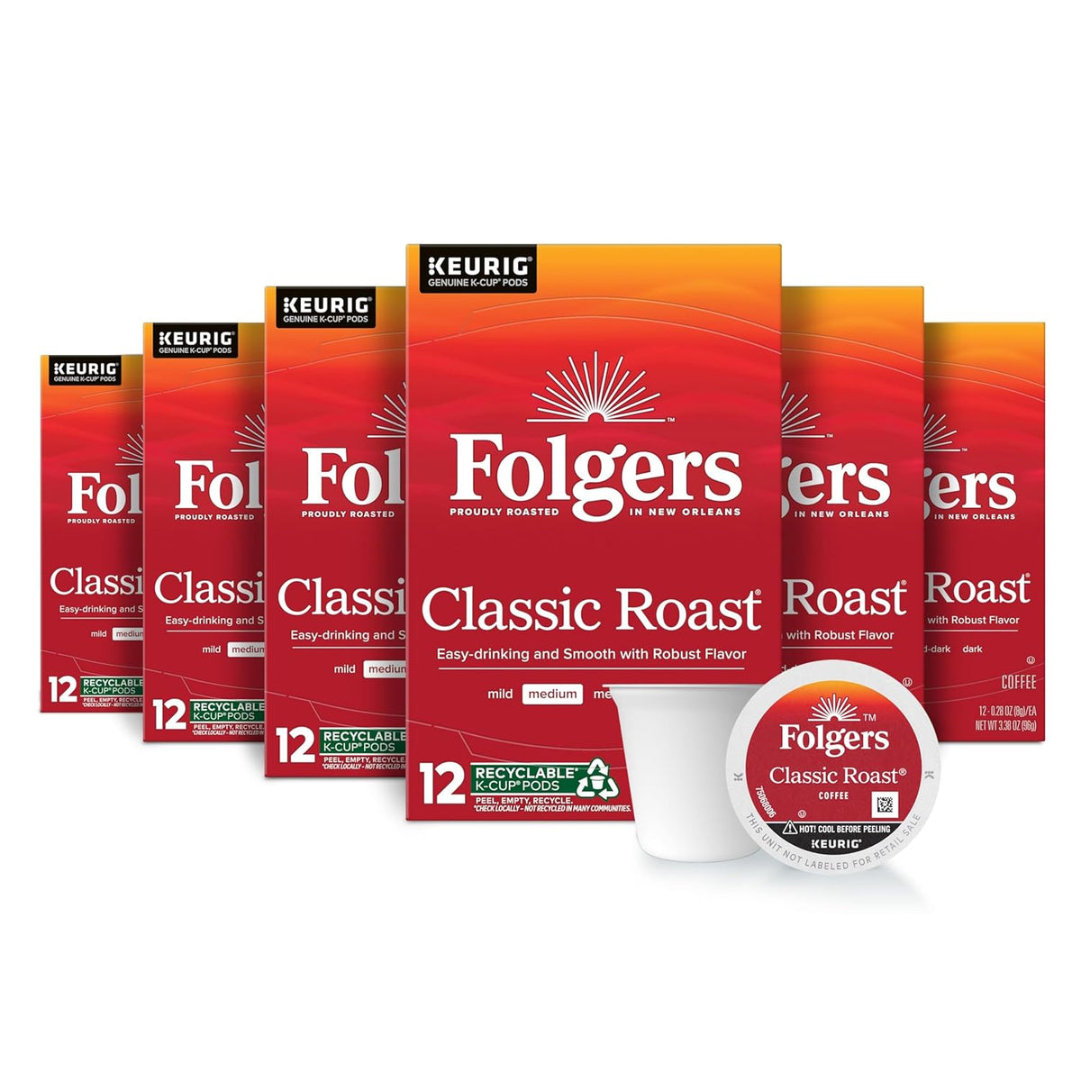 Folgers Classic Roast, Medium Roast Coffee, Keurig K-Cup Pods, 12 Count Boxes (Pack of 6)