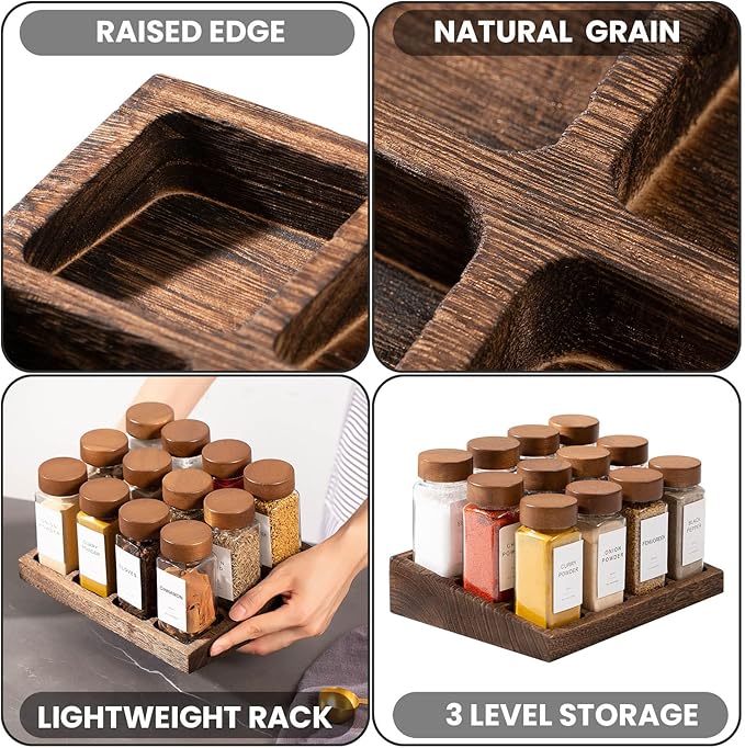 Yangbaga Glass Spice Jars with Labels: 24pc 4oz Square Seasoning Containers and 2pc Rack with Airtight Wood lid,Pepper Grinder,Funnel; Empty Spice Organizer Bottles for Kitchen Drawer Cabinet